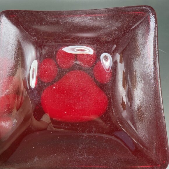 Hand Made Red Fused Art Glass Square Trinket Dish Plate White Dog Paw Vintage - Picture 5 of 13